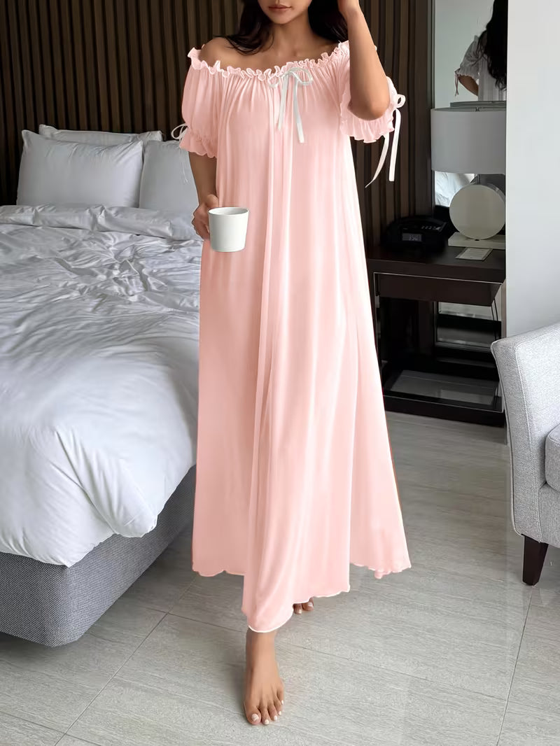 Standard Size Women's All-Season Nightgown, Simple Solid Color, Comfortable and Sexy Off-the-Shoulder Long Style