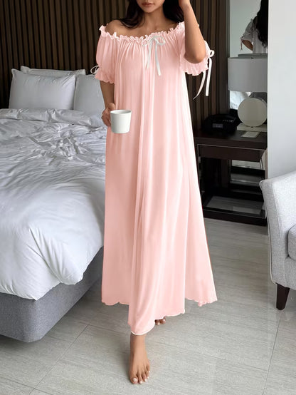 Standard Size Women's All-Season Nightgown, Simple Solid Color, Comfortable and Sexy Off-the-Shoulder Long Style