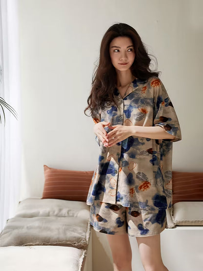 2pcs Women's Elegant Pajama Set, Bubble Crinkle Floral Print Embroidered Women's Pajama Set