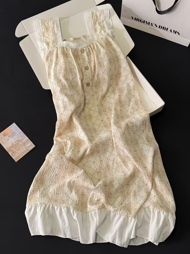 In-Stock Premium Style with Padding Nightgown Women's Summer New Sweet Girly Lace Ruffled Comfortable Mid-Length Dress Summer Thin Breathable Sleeveless Home Dress