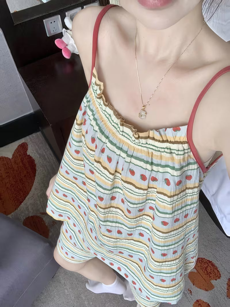 Korean-style Sweet and Cute Striped Camisole Shorts Pajama Set for Women, Summer Loungewear