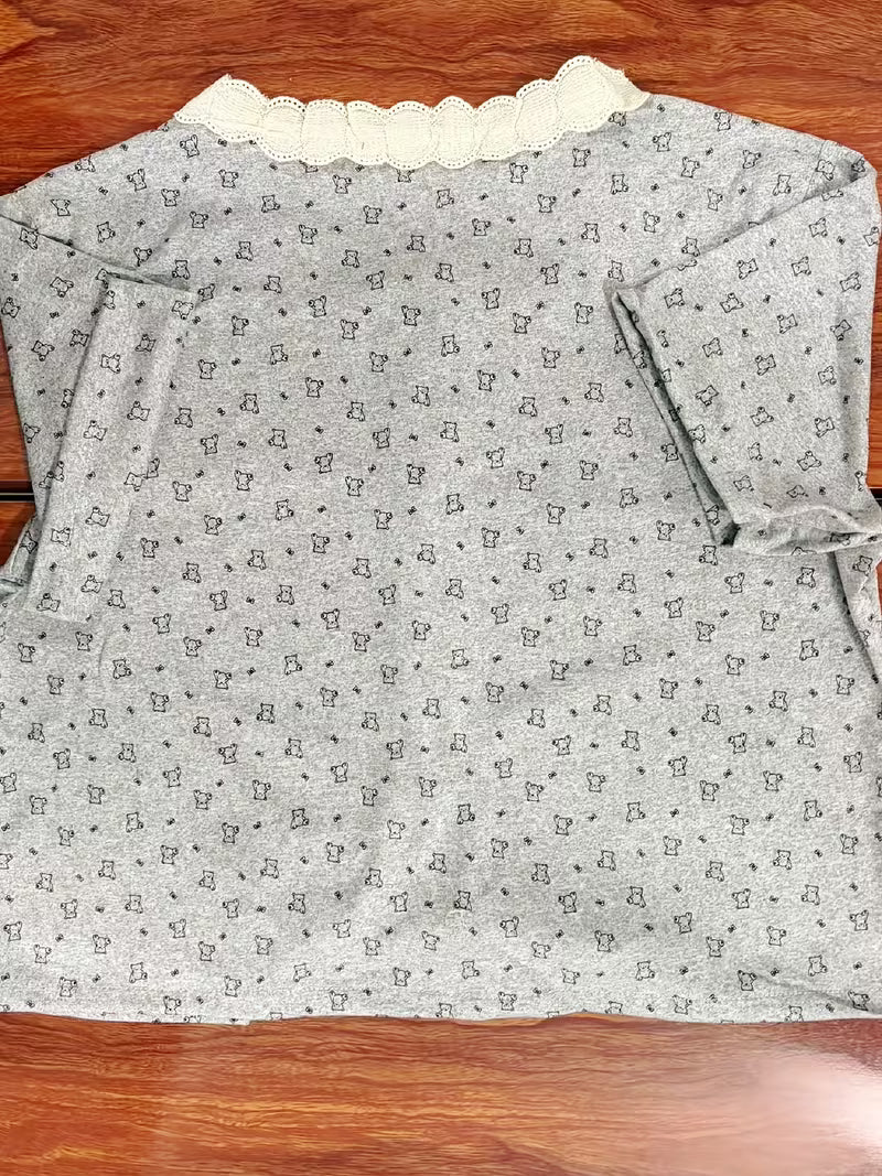 Cute Lace Bear Short Sleeve Shorts Pajama Set for Women, Sweet Summer Cardigan with Round Neck