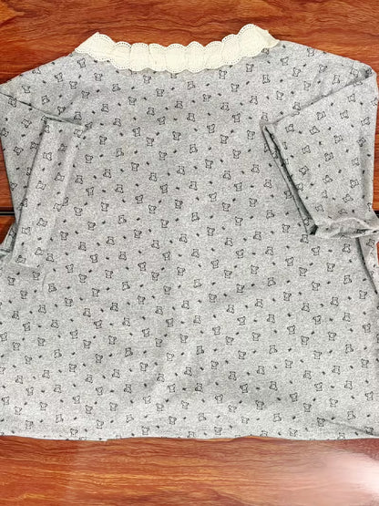 Cute Lace Bear Short Sleeve Shorts Pajama Set for Women, Sweet Summer Cardigan with Round Neck
