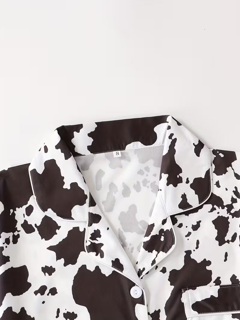Cow Print Digital Print Loungewear Set Casual Short-Sleeve Cardigan Pajama Two-Piece Set