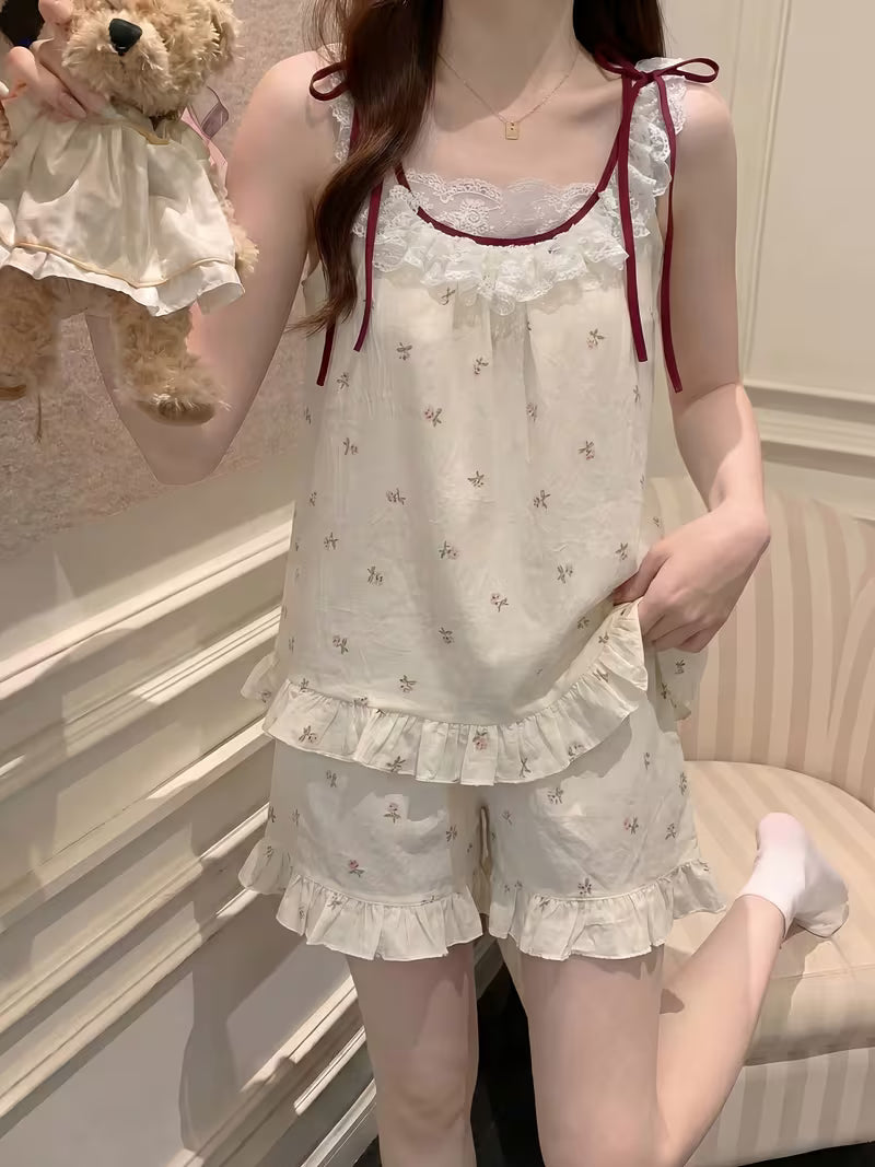 Women's Summer Floral Print Camisole Shorts Pajama Set with Padded Bra, Sweet and Cute Lace Trim