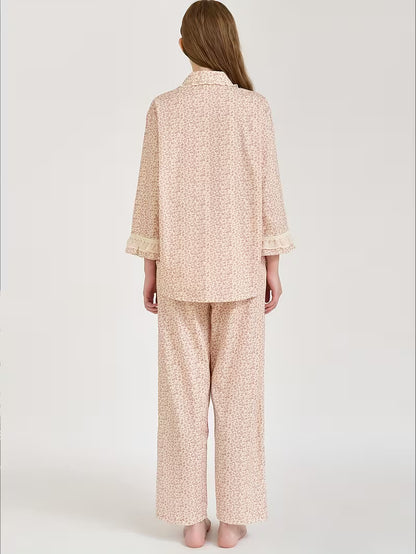 2pcs Women's Long Sleeve Pants Pajama Set, Elegant and Comfortable Breathable New Casual Loungewear with Full-Body Print Robe Top and Matching Pants