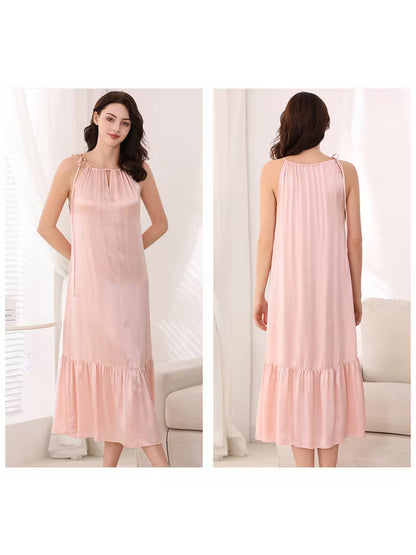 Crafted from Premium 100% Mulberry with Sleek Glossy End. Keyhole Halter Neck And Asymmetrical Ruffle Hem Design, Soft Lightweight Fabric Brings Cozy Rest