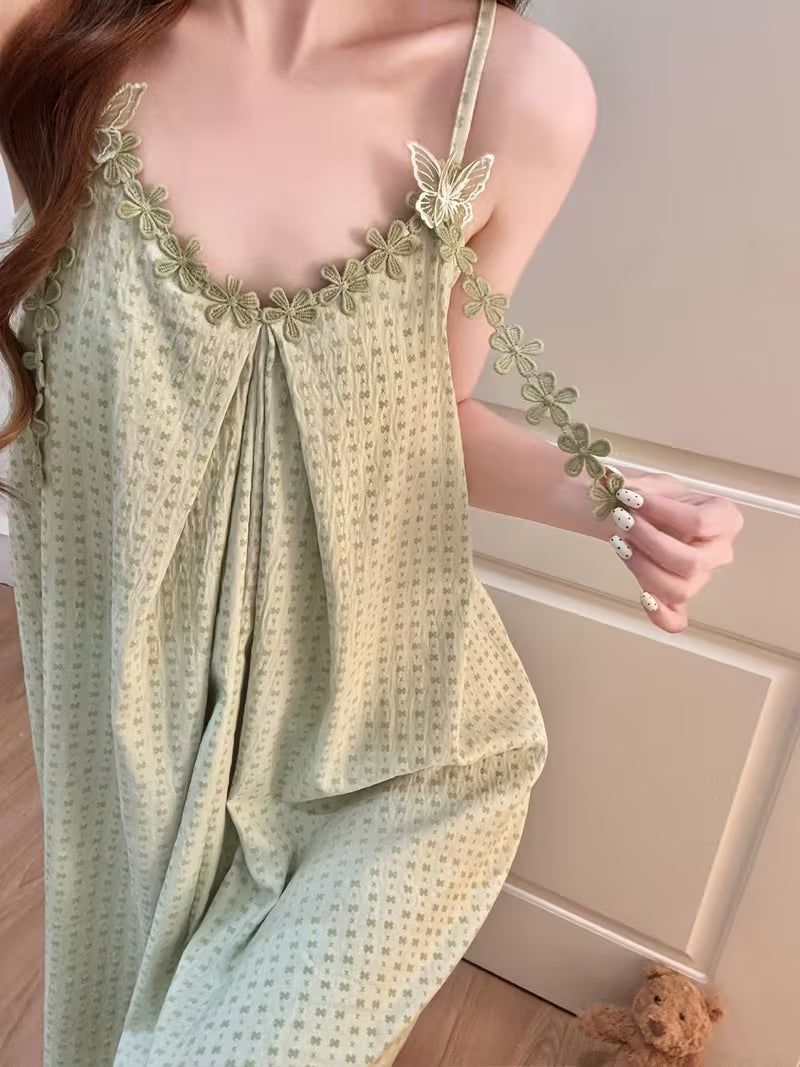 Princess Style Cami Dress Women'S Summer Bra Cup Sweet Cute Lace Trim Butterfly Home Wear