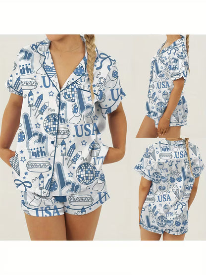 Women's Independence Day Lounge Set Short Sleeve Lapel Patriotic Elements Print Shirt Shorts Sleepwear Sets