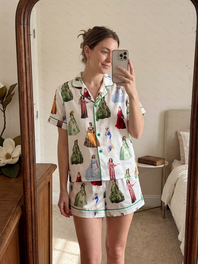 Luxury Satin Lounge Set Women, Scarlett Vintage Cinema Inspired Print, Short Sleeve Button Lapel Top & Shorts, Soft Breathable Sleepwear