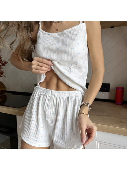 Open-Weave Heart Patterned Women's Sleepwear with Strapless Shorts Set