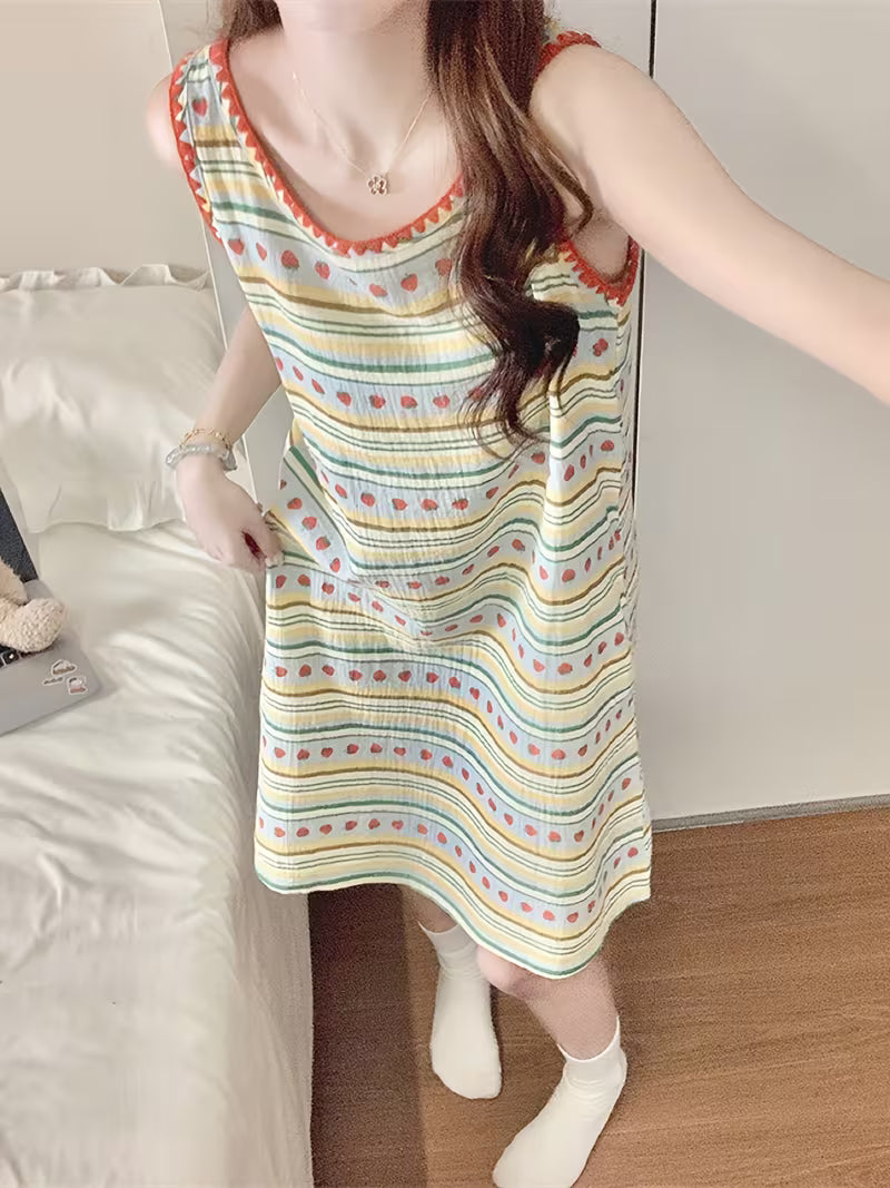 Korean Sweet And Lovely Striped Vest Nightdress Women'S Summer Round Neck Sleeveless Suspender Home Wear