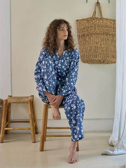 New Women's Pajama Set with Long Sleeves and Pants, Blue Daisy Print Casual Elegant Lounge Wear - Soft Comfortable Fabric