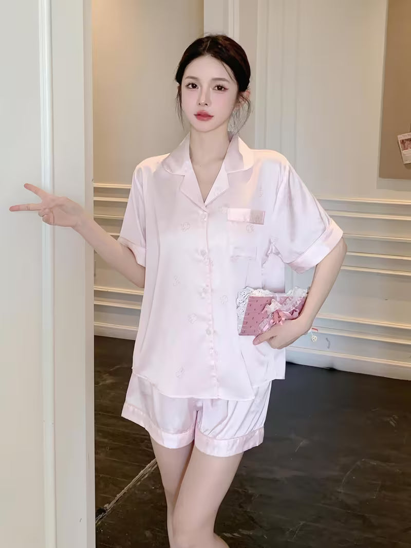 Women's Silky-Feel Short Sleeve Pajama Set, Soft Draped Breathable Home Lounge Sleepwear 2pcs Short Top and Shorts Set with Minimal Chic Print