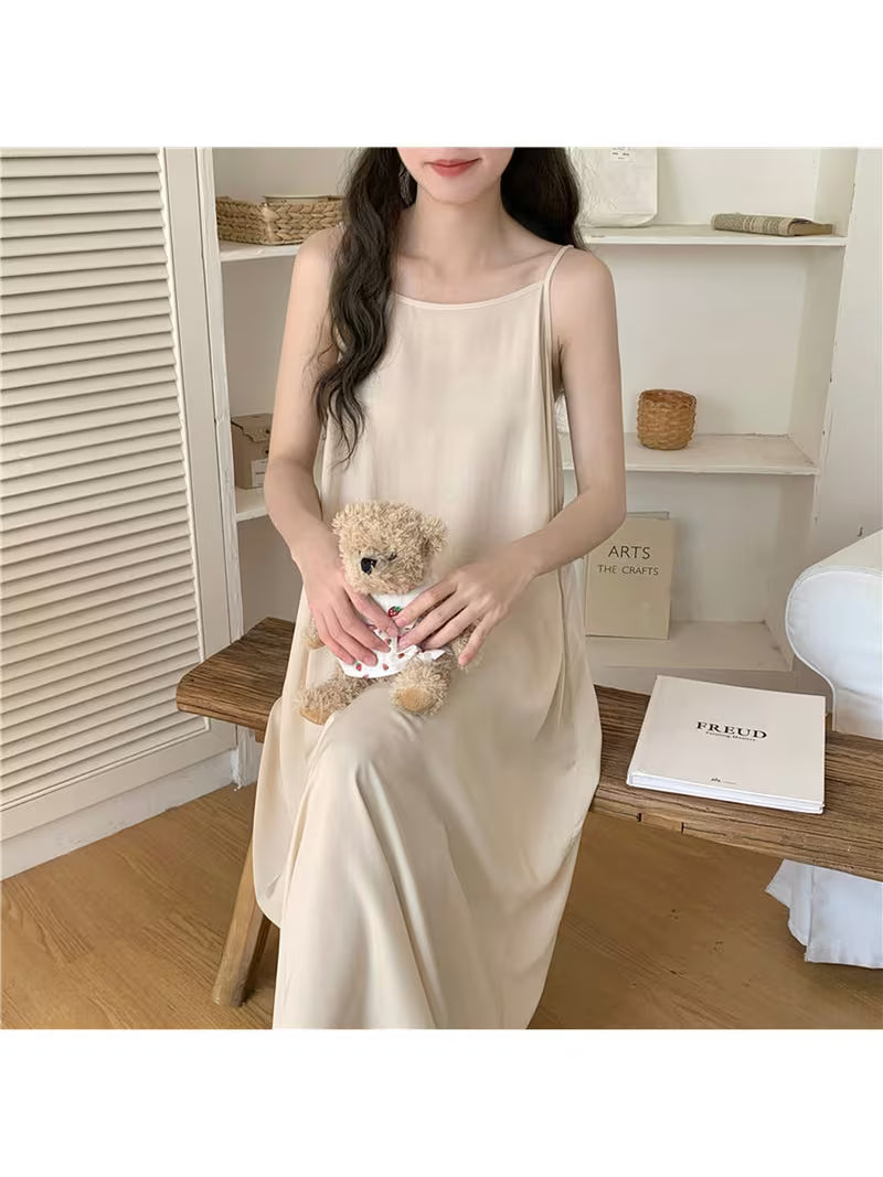 Summer Imitation Xiangyunsha Camisole Nightdress for Women, Chinese Style with Horse And Floral Print, Adjustable Thin Straps, Loose And Smooth