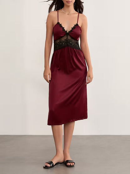 Women'S Summer Slip Sleep Dress Spaghetti Strap Loungewear Lace Patchwork Satin Lingerie