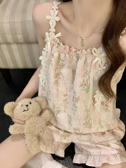 Sweet Style Floral Camisole Shorts Pajamas for Women, Summer Sexy Small Floral Print Loungewear Set with Padded Bra