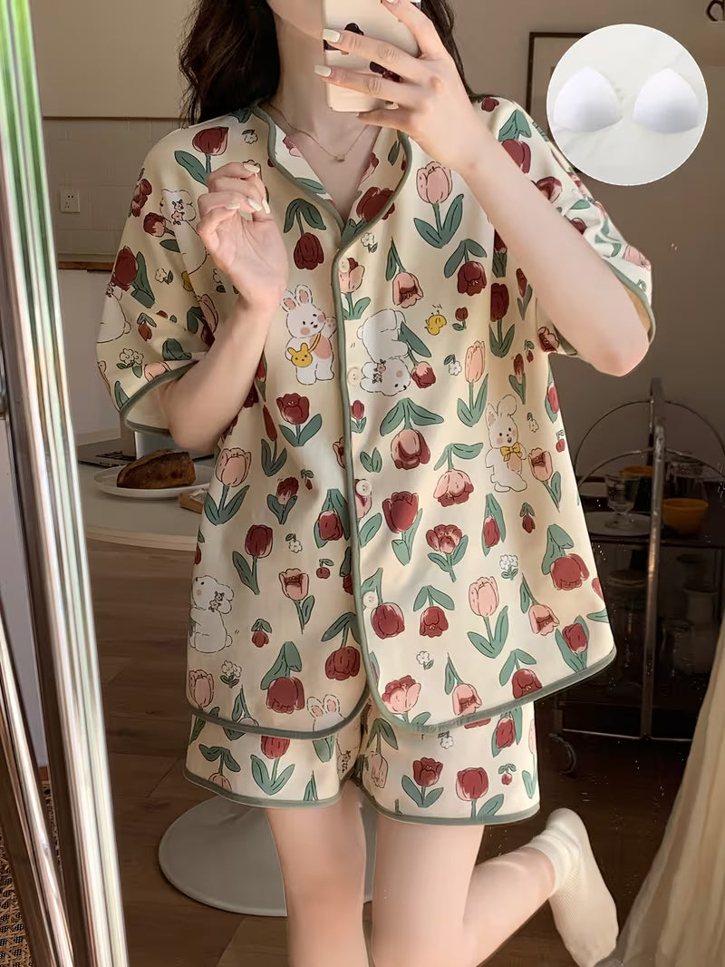 Women's Summer Sleepwear Pajama Set, High-Value Short Sleeve Loose Fit Plus Size with Built-in Bra Pads