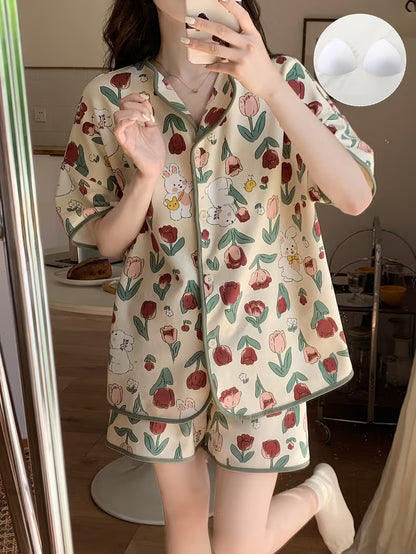 Women's Summer Sleepwear Pajama Set, High-Value Short Sleeve Loose Fit Plus Size with Built-in Bra Pads