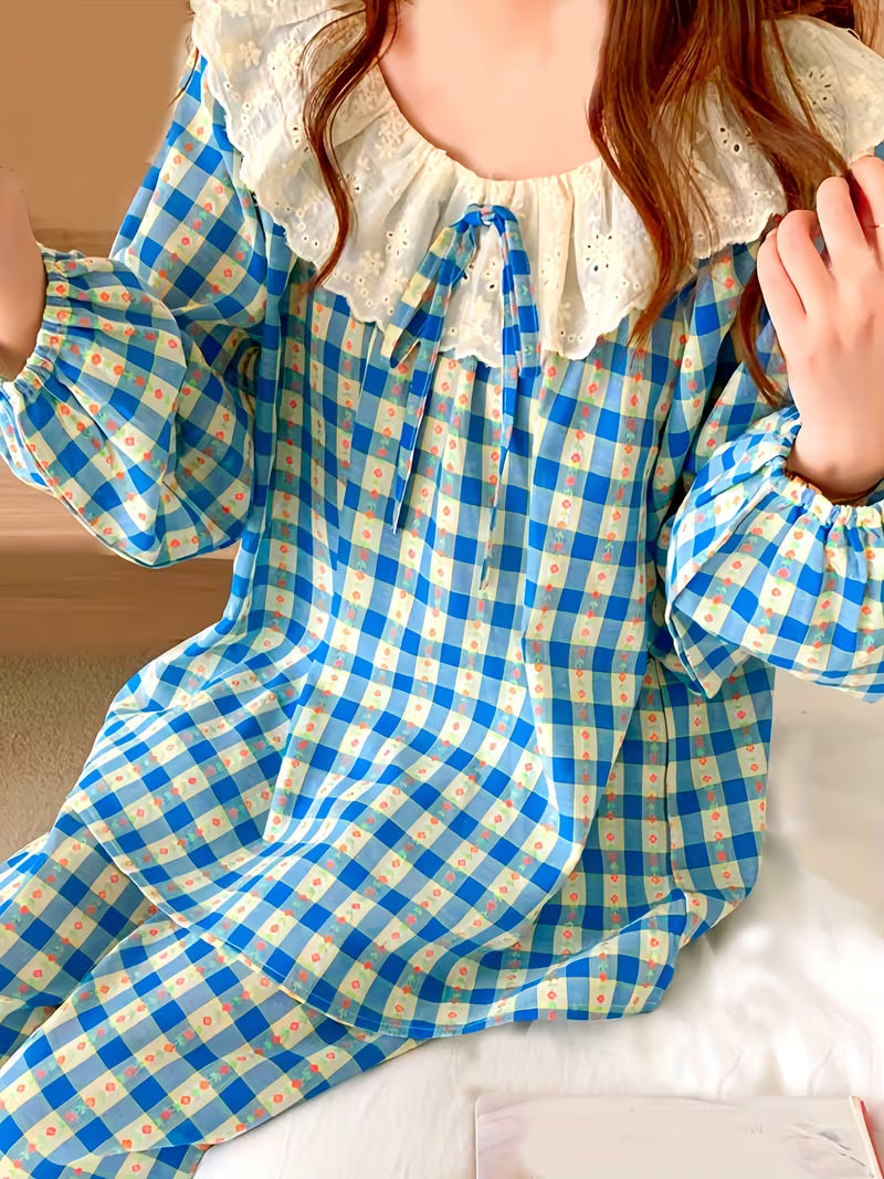 Lace Round Neck Long Sleeve Long Pants Women's Pajamas, Spring/Autumn Women's Loungewear, Autumn Plaid Floral Print Spring Pullover Adult Pajamas with Bow