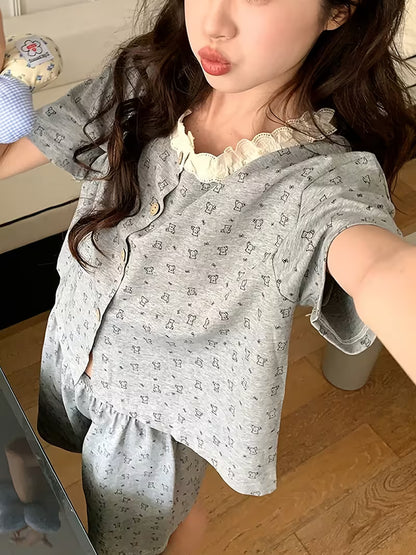 Cute Lace Bear Short Sleeve Shorts Pajama Set for Women, Sweet Summer Cardigan with Round Neck