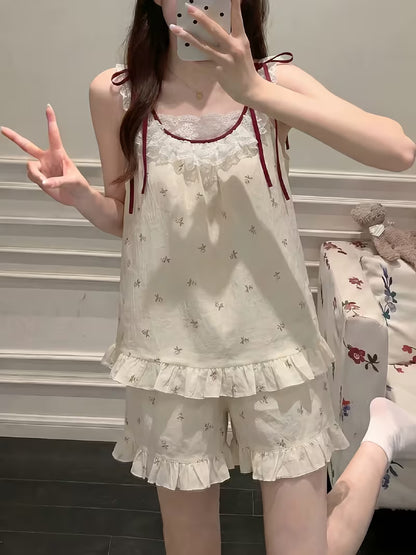 Women's Summer Floral Print Camisole Shorts Pajama Set with Padded Bra, Sweet and Cute Lace Trim