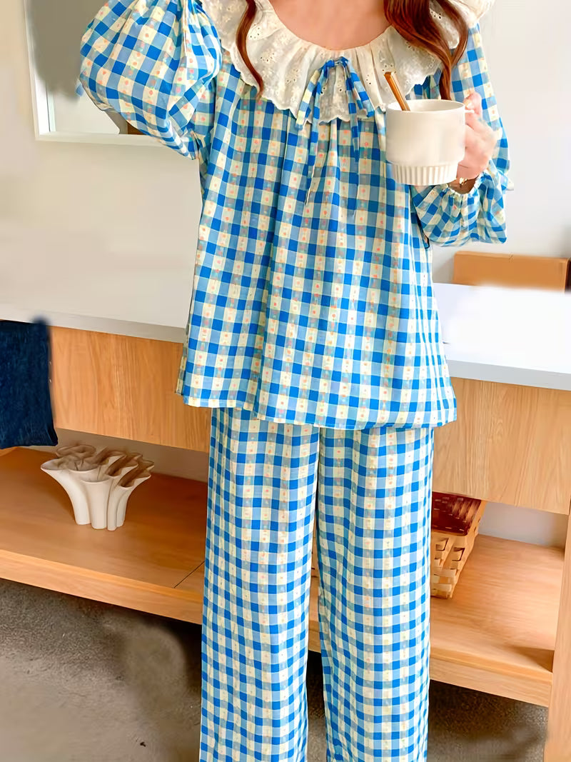 Lace Round Neck Long Sleeve Long Pants Women's Pajamas, Spring/Autumn Women's Loungewear, Autumn Plaid Floral Print Spring Pullover Adult Pajamas with Bow