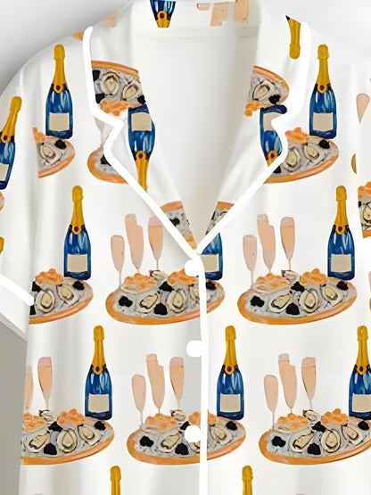 Champagne Ode Party Print Short-Sleeve Buttoned Shirt And Shorts Set, Festive Blue And Golden Wine Bottle And Clam Set Two-Piece Women'S Pajamas