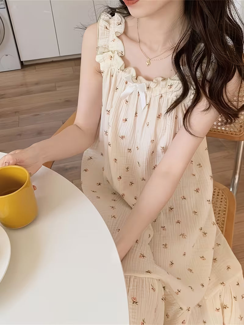 Ins Hot Style Fresh Floral Nightgown, Bow Tie Tie-Up Loose Camisole Dress, Breathable Home Sleepwear