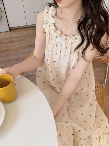 Ins Hot Style Fresh Floral Nightgown, Bow Tie Tie-Up Loose Camisole Dress, Breathable Home Sleepwear