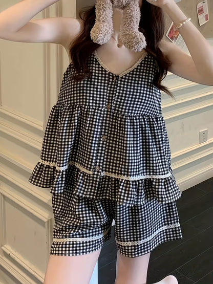 Plaid Lace Cami Dress Women'S Summer Sexy with Chest Pad Sweet Cute Home Wear 2pcs Set