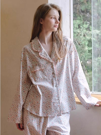 Women's Pajama Set 2026 New Floral Print Collared Lace Trim Lightweight 2pcs Set, Fashionable Elegant Long Sleeve Long Pants
