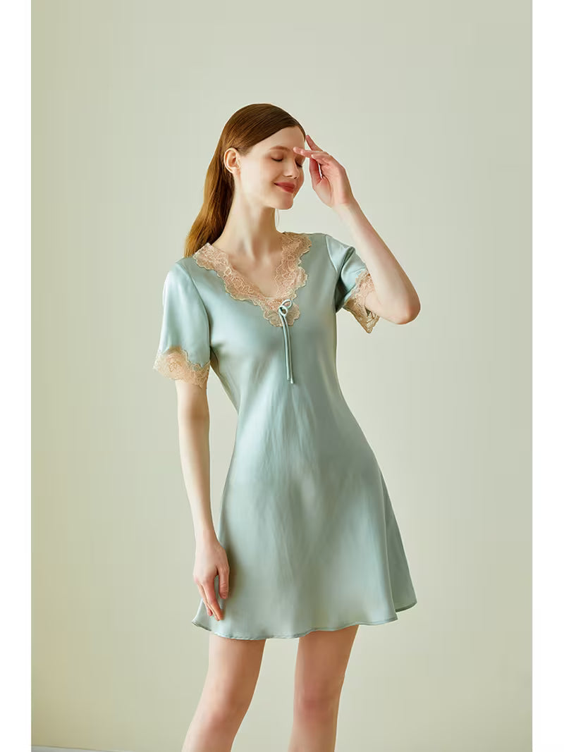 Women'S 100% Mulberry Nightgown, Elegant V-Neck with Lace Trim, Short Sleeve Satin Sleep Dress, Ultra-Soft And Breathable