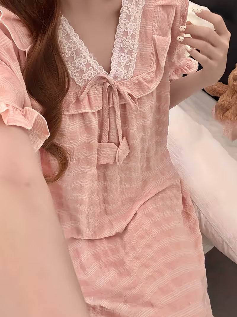Bust Pad Plaid Nightgown Women'S Summer Short Sleeve Sweet Cute Princess Style Lace Home Wear