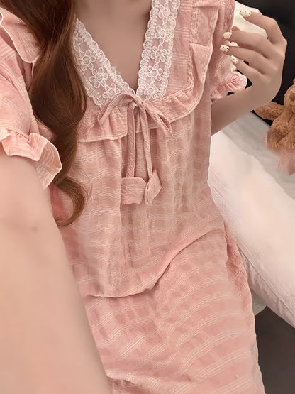 Bust Pad Plaid Nightgown Women'S Summer Short Sleeve Sweet Cute Princess Style Lace Home Wear