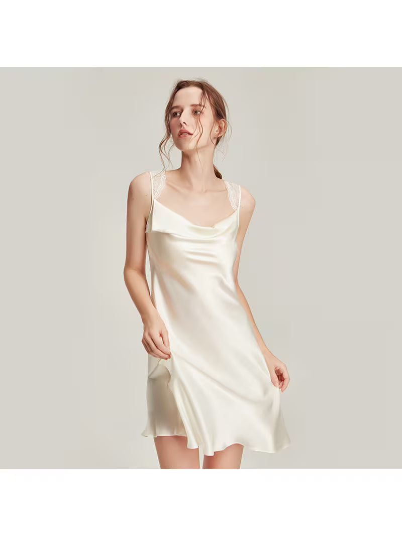 Made of Premium 100% Mulberry with Glossy Satin Texture. Delicate Lace Trimmed Shoulder Straps and Draped Cowl Neck, Ruffle Hem Delivers Loose Comfy Fit for Nightwear and Indoor Loungewear