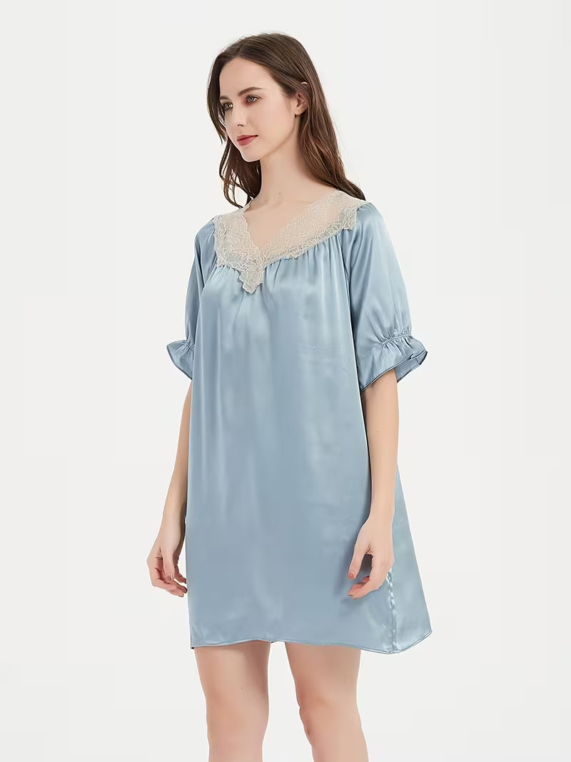 Women'S 100% Pajama Short-Sleeve Nightgown With Lace Trim Loungewear