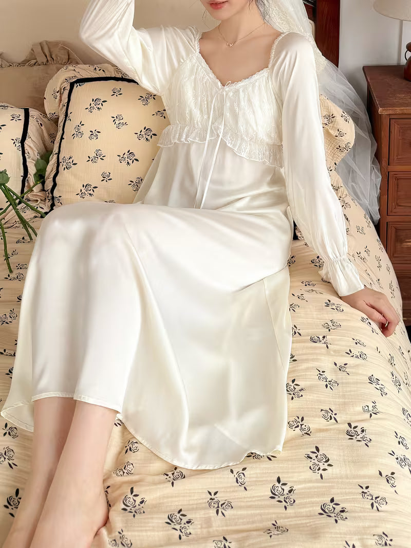 Ningyue Nightgown: A Sweet, Long French-Style Sleep Dress with Lace Details
