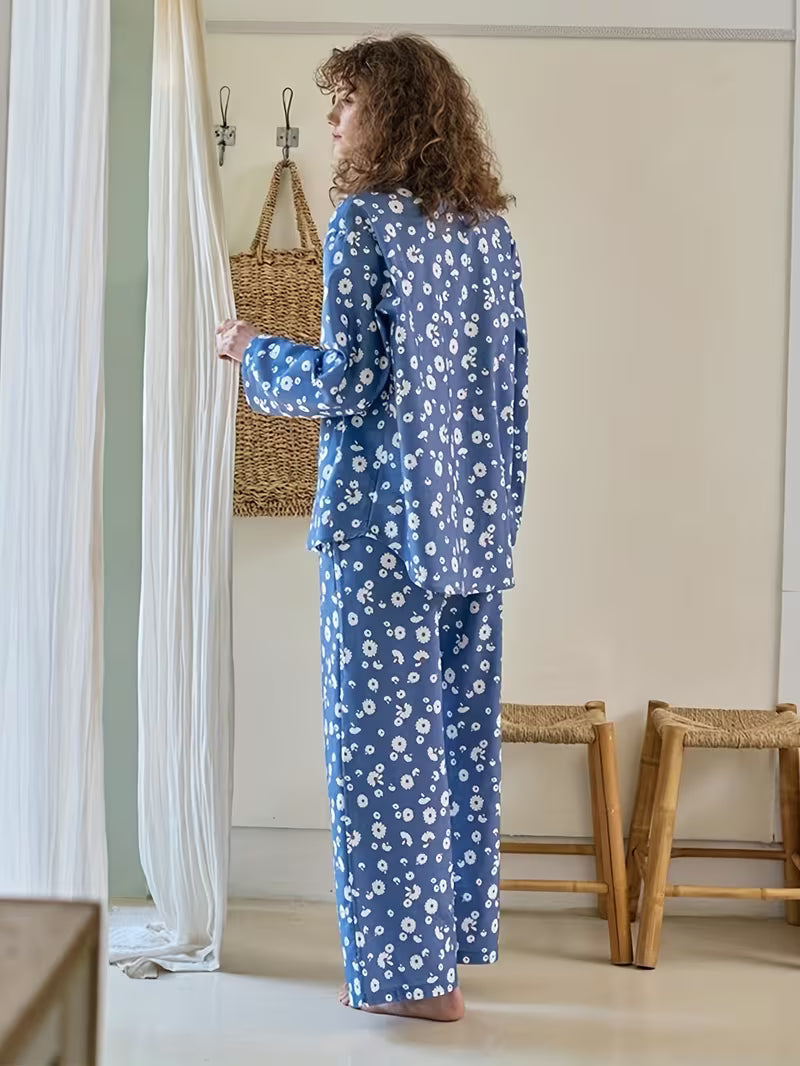New Women's Pajama Set with Long Sleeves and Pants, Blue Daisy Print Casual Elegant Lounge Wear - Soft Comfortable Fabric