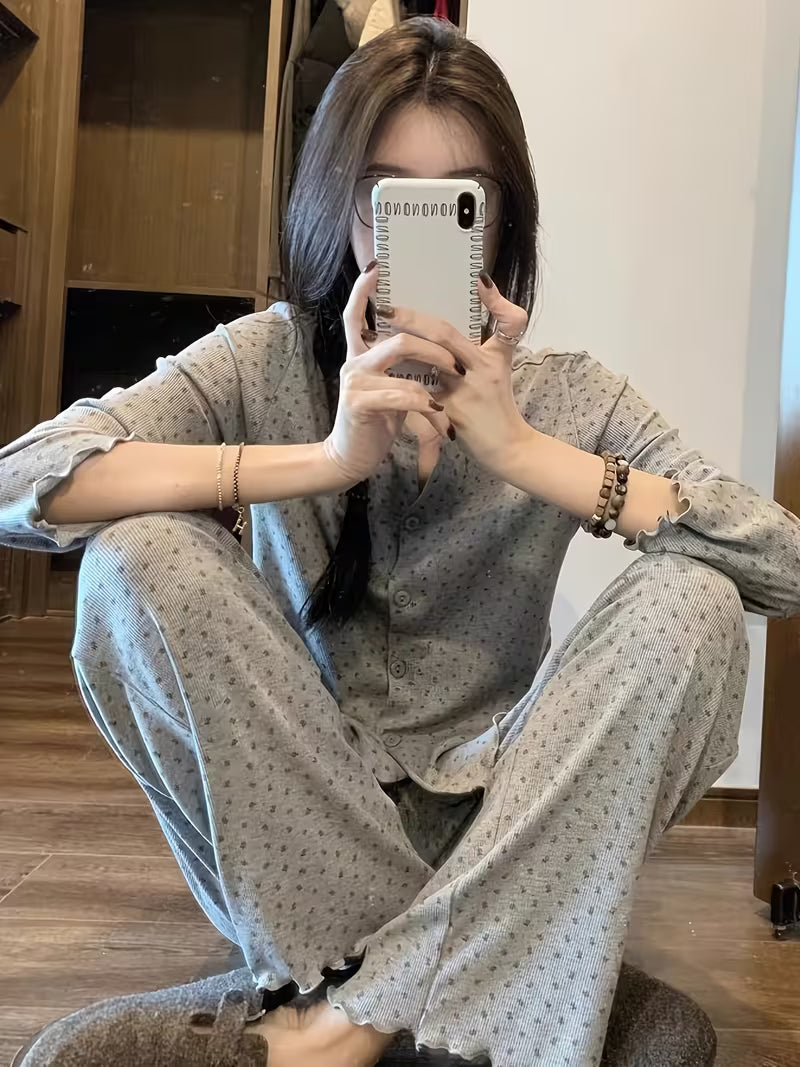 Korean-style Gray Floral Print Women's Pajamas, New Spring/Autumn Collection, Sweet and Casual Long-Sleeve 2pcs Loungewear Set