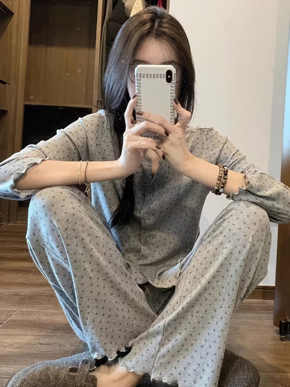 Korean-style Gray Floral Print Women's Pajamas, New Spring/Autumn Collection, Sweet and Casual Long-Sleeve 2pcs Loungewear Set