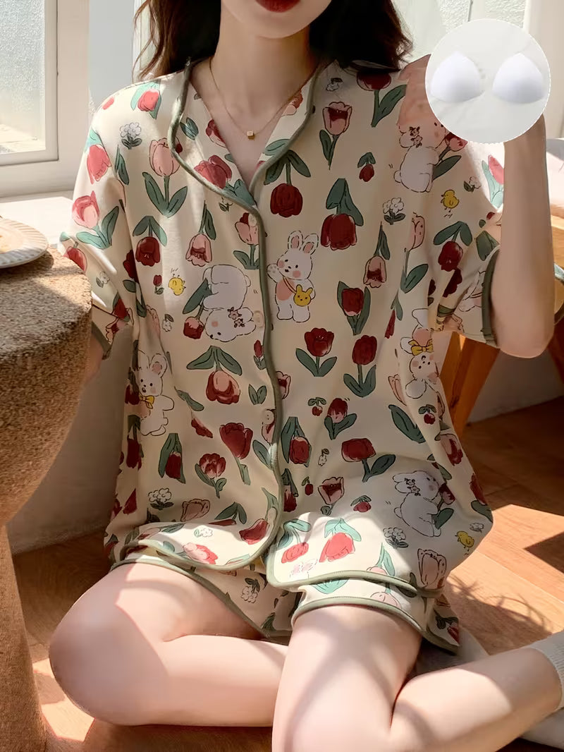 Women's Summer Sleepwear Pajama Set, High-Value Short Sleeve Loose Fit Plus Size with Built-in Bra Pads