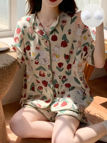 Women's Summer Sleepwear Pajama Set, High-Value Short Sleeve Loose Fit Plus Size with Built-in Bra Pads