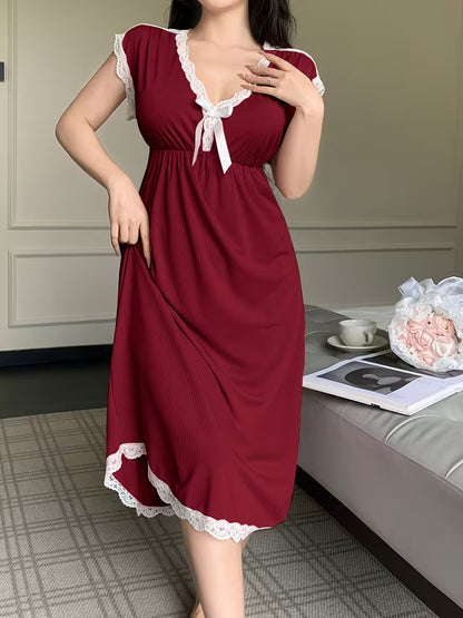 Elegant Ladies' Solid Color Nightgown with Lace Trim And a V-Neck, Sleeveless Design