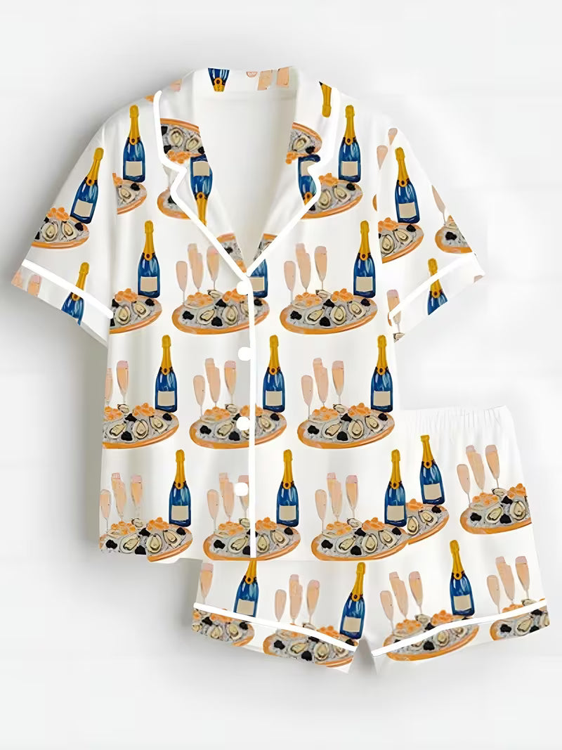 Champagne Ode Party Print Short-Sleeve Buttoned Shirt And Shorts Set, Festive Blue And Golden Wine Bottle And Clam Set Two-Piece Women'S Pajamas