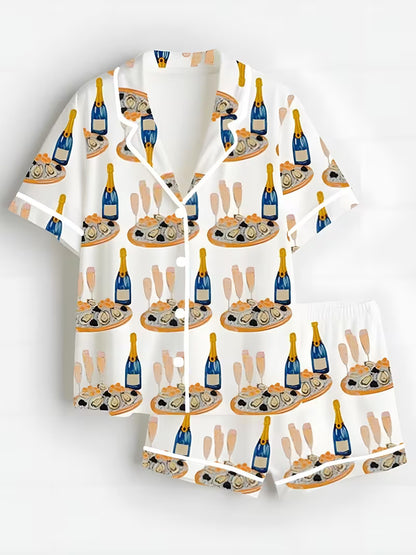 Champagne Ode Party Print Short-Sleeve Buttoned Shirt And Shorts Set, Festive Blue And Golden Wine Bottle And Clam Set Two-Piece Women'S Pajamas