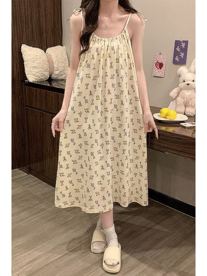 Women' Sleeveless Square Neck Camisole Nightgown - Summer Sleep Dress with Skirt, Loose Fit Blouseable Pajama Dress