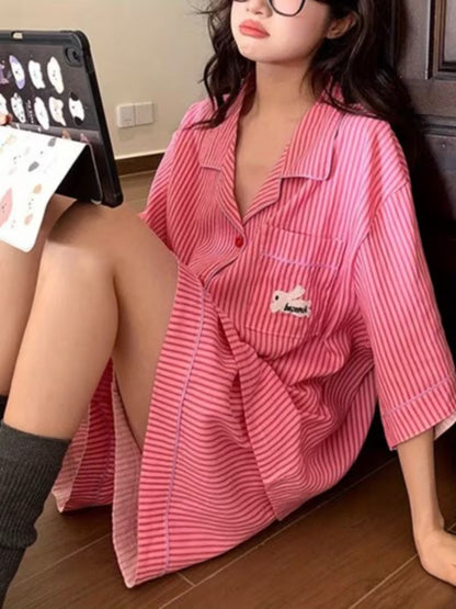 Casual Peach Striped -Like Pajama Set | Rabbit Print Notch Collar Button-Up Top & Elastic Waist Shorts - Loose Fit