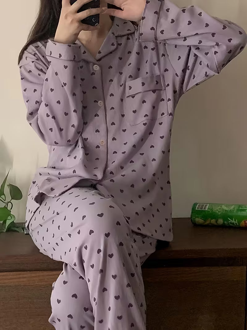 Cozy Heart Print Pajamas Set-Soft Purple Top V-Neck Long Sleeve Top with Comfy Elastic Waist Pants-Relaxing Loungewear
