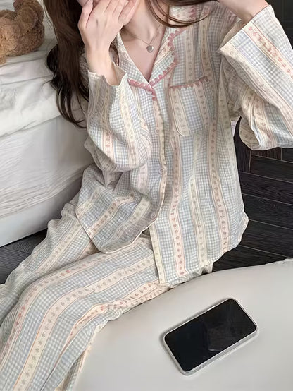 Built-In Bra Pad Pajamas Women'S Spring Autumn Season Cardigan Long Sleeve Long Pants Lace New Spring Summer Home Wear 2pcs